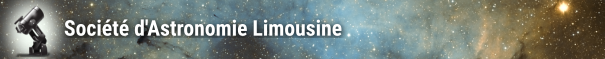 Silhouette d’un télescope devant un ciel étoilé avec nébuleuses, accompagnée du texte « Société d’Astronomie Limousine ».